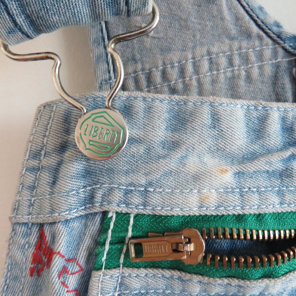 VINTAGE LIBERTY Cargo Carpenter Denim Overalls Acid Wash Hand Embroidered Work - Picture 7 of 16